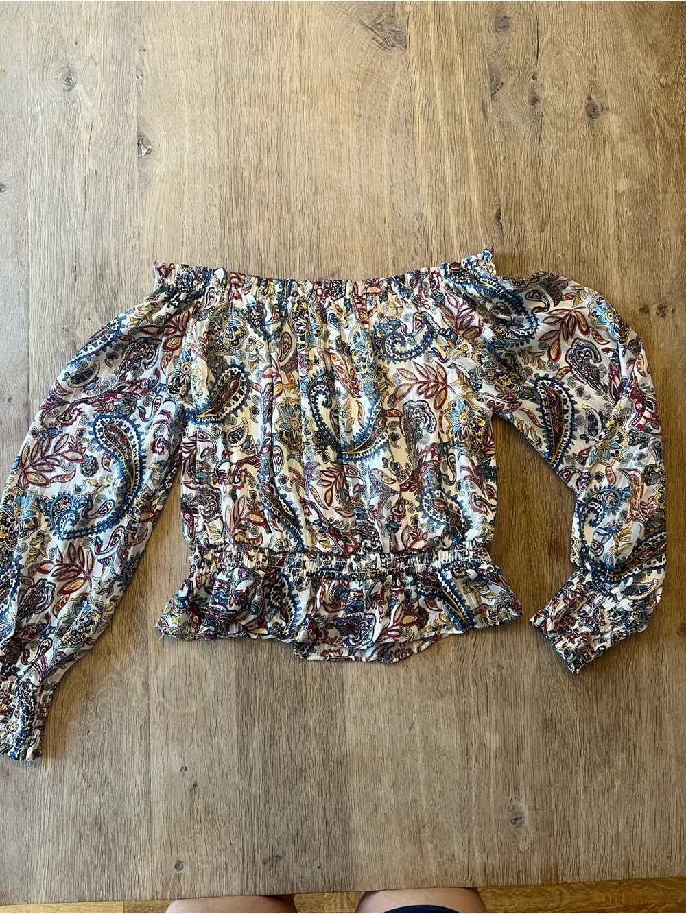 Aqua Off-Shoulder Paisley Peasant Top in Cream and Navy & red